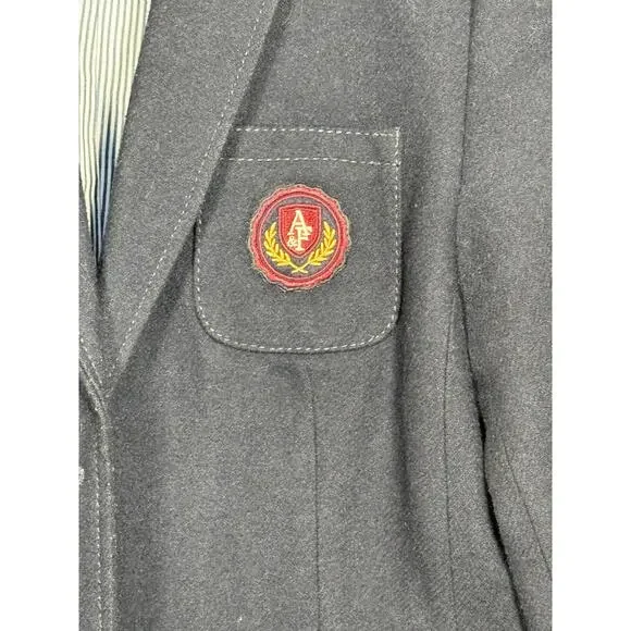 Abercrombie & Fitch Wool Blend Navy Sz Large Fitted Cropped Lined Blazer Crest - Picture 2 of 8